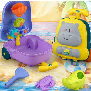 Wooden Sand Play Water Fun Beach Toys for Kids 3-6 Years Old Toy Trolley Hippo Suitcase Summer Set