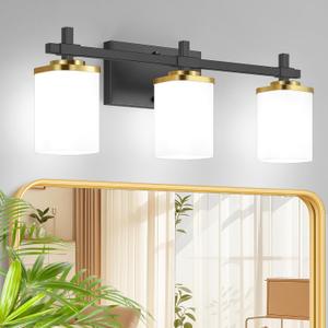 3-Lights Black and Gold Bathroom Lighting Fixtures Over Mirror, Anti-Rust Vanity Wall Lights for Bathroom with Milky White Frosted Glass Shades, Modern Bath Wall Lamp for Living Room Bedroom