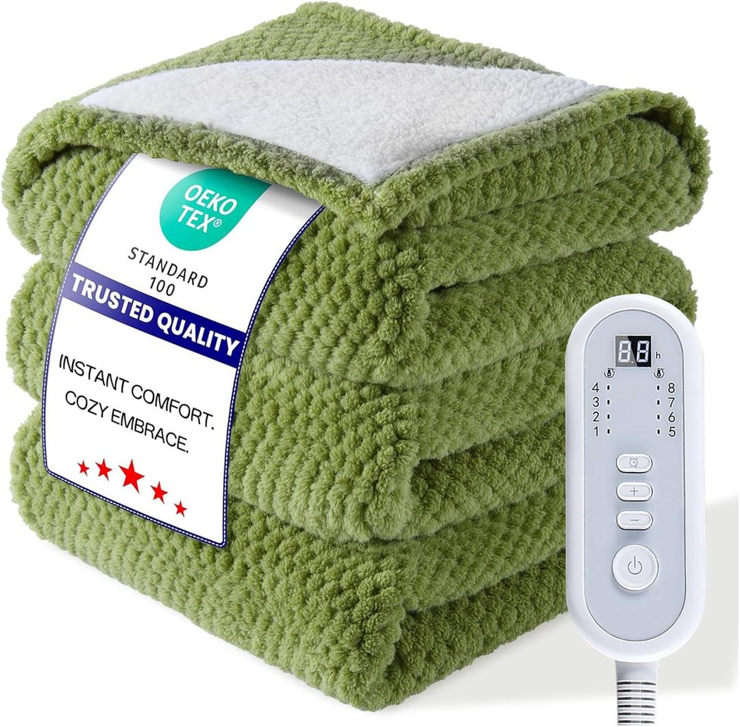 Heated Blanket Electric Blanket Full Size Fuzzy Fleece, 72" x 84" Soft Fluffy Fast Heating Blanket 8 Heating Levels & 10 Hours Auto Off with ETL & FCC Certification, Green