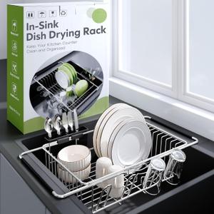 Over the Sink Expandable Dish Drainer Drying Rack In Stainless Steel for Small Kitchen, Counter Space Saving Modern Compact Metal Above Plate Dryer Strainer, Adjustable Hanging Inside Drain Holder (Silver)