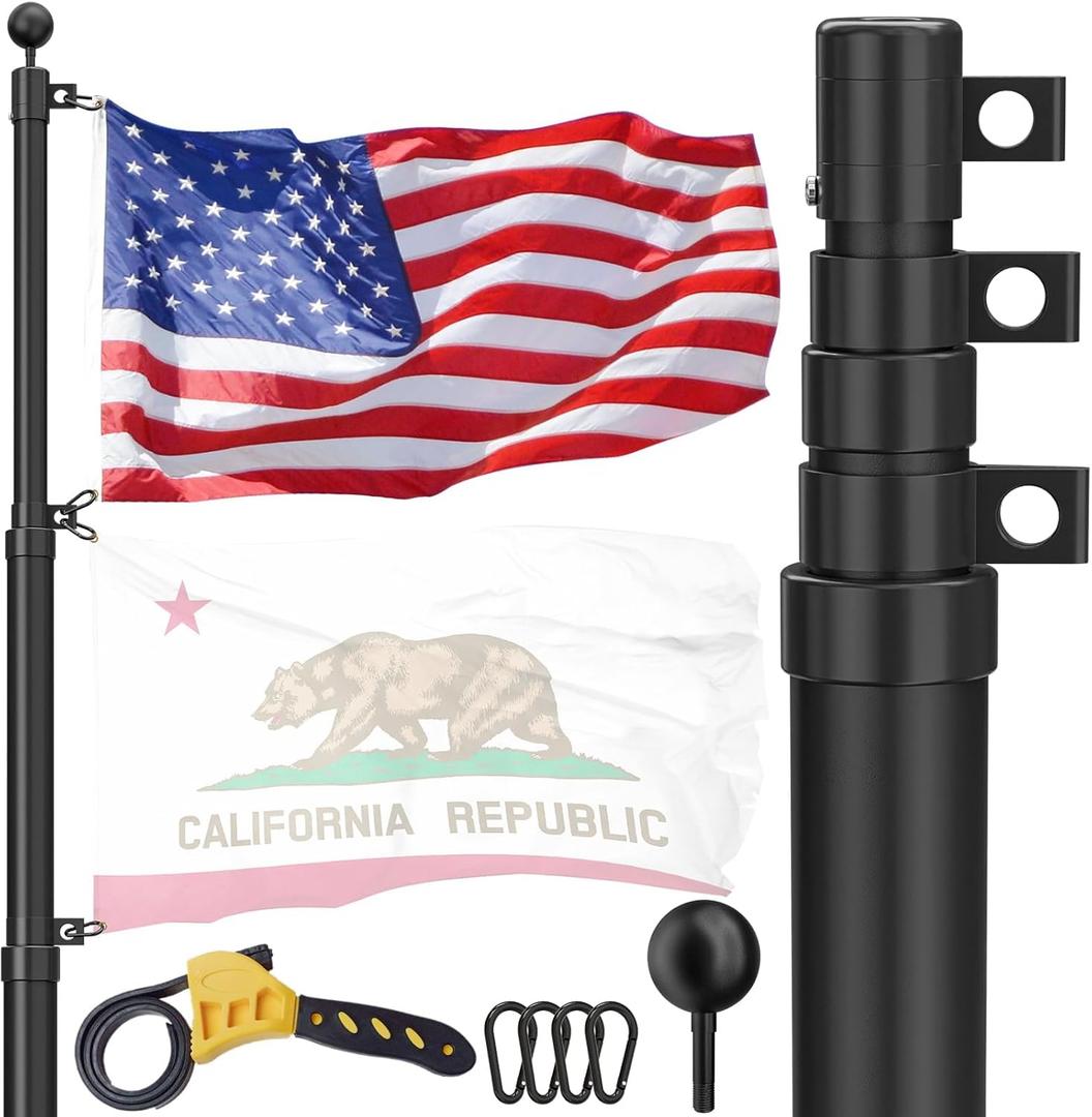Telescoping Flag Pole for Outside House, 20 FT Heavy Duty 45K PSI & 95 HBW Hard Aerospace Aluminum Flagpole Kit, Unbending Telescopic Outdoor In-Ground Flag Poles with 3x5 American Flag for Yard (Black)