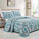 Linen Plus Quilted Coverlet Bedspread Set Turquoise Teal Grey Charcoal White New # Lori (King/Cal King)
