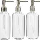 Refillable Clear Soap Dispenser Bottles with Pump, 16 oz (3 Pack) | BPA-Free Plastic Boston Round Containers for Hand Soap, Lotion, Shampoo, Kitchen & Bath