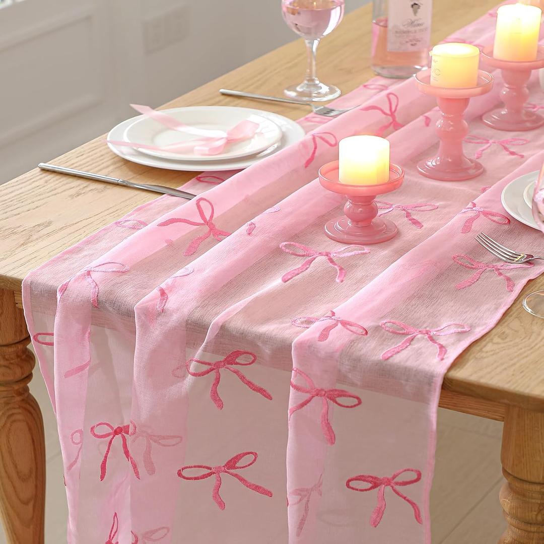 Tudomro Embroidery Pink Bow Tulle Table Runner 9.2 ft Coquette Pink Cheesecloth Table Runner 110 Inch Gauze Boho Dining Decor for Wedding Birthday Baby Shower Christmas Valentine's Home Decor