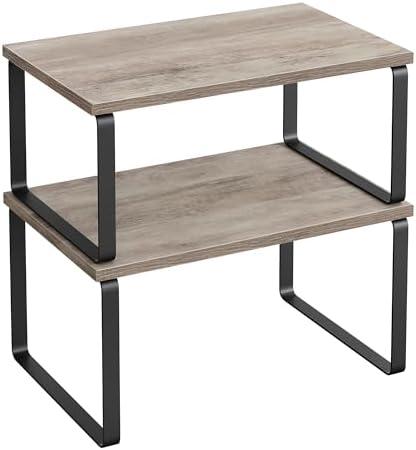 SONGMICS Cabinet Organizer Shelf, Set of 2 Kitchen Counter Shelves, Kitchen Storage, Spice Rack, Stackable, Expandable, Metal and Engineered Wood, Ink Black and Heather Greige UKCS020X02