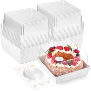 Ocmoiy 7x7x4 Inches White Paper Cake Boxes with Clear Lids for 6 Inch Cakes, 20 Pack Square Disposable Cake Bakery Take Out Containers, To Go Dessert Boxes