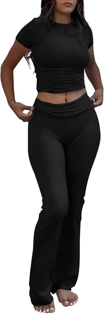 ZFLM Casual Workout Two Piece Outfits for Women Short Sleeve Crop High Waist Foldover Flare Pants Tracksuit Sets Streetwear (X-Large, Black)