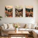 YUFEIART Boho Wall Art Mountain Wall Art OAK Wood Framed Nature Landscape Wall Decor Set of 3 Colorful Wildflower pictures Vintage Floral Canvas Prints Forest Paintings for Living Room Bedroom 16"x20"