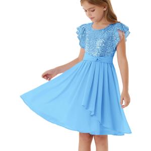GRACE KARIN Girls Sequin Dress Party Birthday Prom Formal Fancy Midi Dress 5-12 Years (Blue)