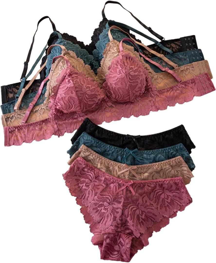 GORGLITTER Women's 8 Piece Sexy Lace Lingerie Matching Bralette Bra and Panty Set Black Green Khaki Pink X-Large