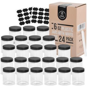 Plastic Containers with Water-Tight Black Lids (6 oz, 24 Pack) - Clear Plastic Food Storage Jars with Labels and White Marker - Great for Your Slime Kit or Any Type of Storage - BPA Free