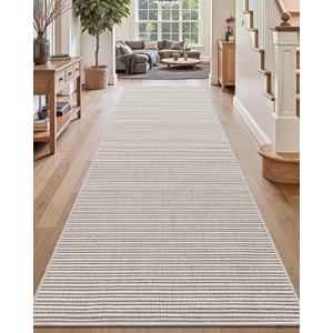 DEXI Hallway Runner Rug 3.3x12, Woven Braided Farmhouse Runner Carpet Indoor, Absorbent Thin Long Entryway Runners for Kitchen, Laundry Room, Patio Entrance, Light Beige-Gray