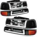 Pair LED DRL Headlights Assembly for 1999-2002 Chevy Silverado 1500 2500 1500HD 2500HD 3500/2000-2006 Tahoe Suburban 1500 2500 Replacements Amber Reflector Black Housing