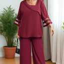 AOVDE Plus Size Pant Suits 2 Piece Casual Dressy Pantsuits Mesh Panel Bell Sleeve Outfits for Women Evening Dinner Party (Red)