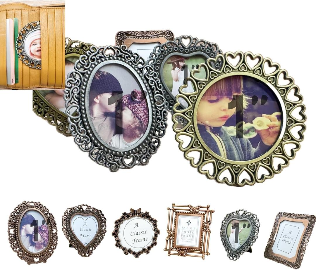 6 Pcs One-Inch Vintage Picture Frame, Assorted Colors Tiny Metal DIY Photo Frames, 1" x1 1/2" Antique Mini Picture Frame (Random Colors Random Shapes)