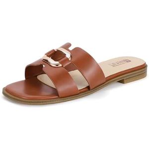IDIFU Brown Women's Flat Sandals Square Open Toe Slip On Comfortable Dressy Trendy Fashion Slide Sandals for Women Ladies Bridal Summer Beach Work Office Flat Sandals(Brown Pu, 6)