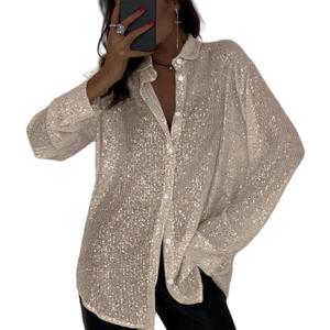 Womens Sequins Long Sleeve Collared Shirt Button Down Open Front Shirt Loose Blouses Shirts Tops (Medium, Apricot Silver)
