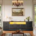 Huuger 70 Inch TV Stand for 75, 80 Inch TV, 11 Drawer Long Dresser with Power Outlets and LED Lights, Entertainment Center with Storage, Black Dresser with PU Leather Surface, 13"D x 70.9"W x 26.8"H