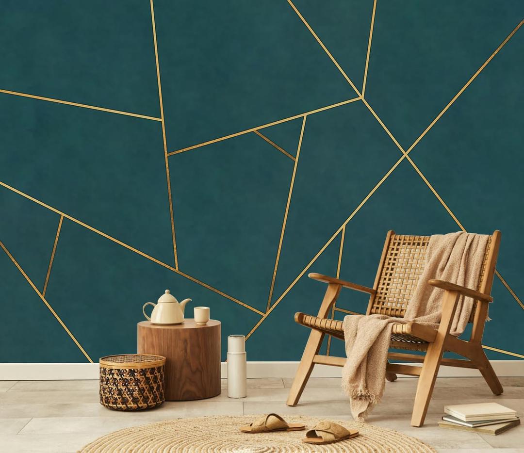 Gold Geometric Mural Wallpaper Peel and Stick for Bedroom 157"x108" | Gray and Blue Background wall mural for Living Room Bedroom