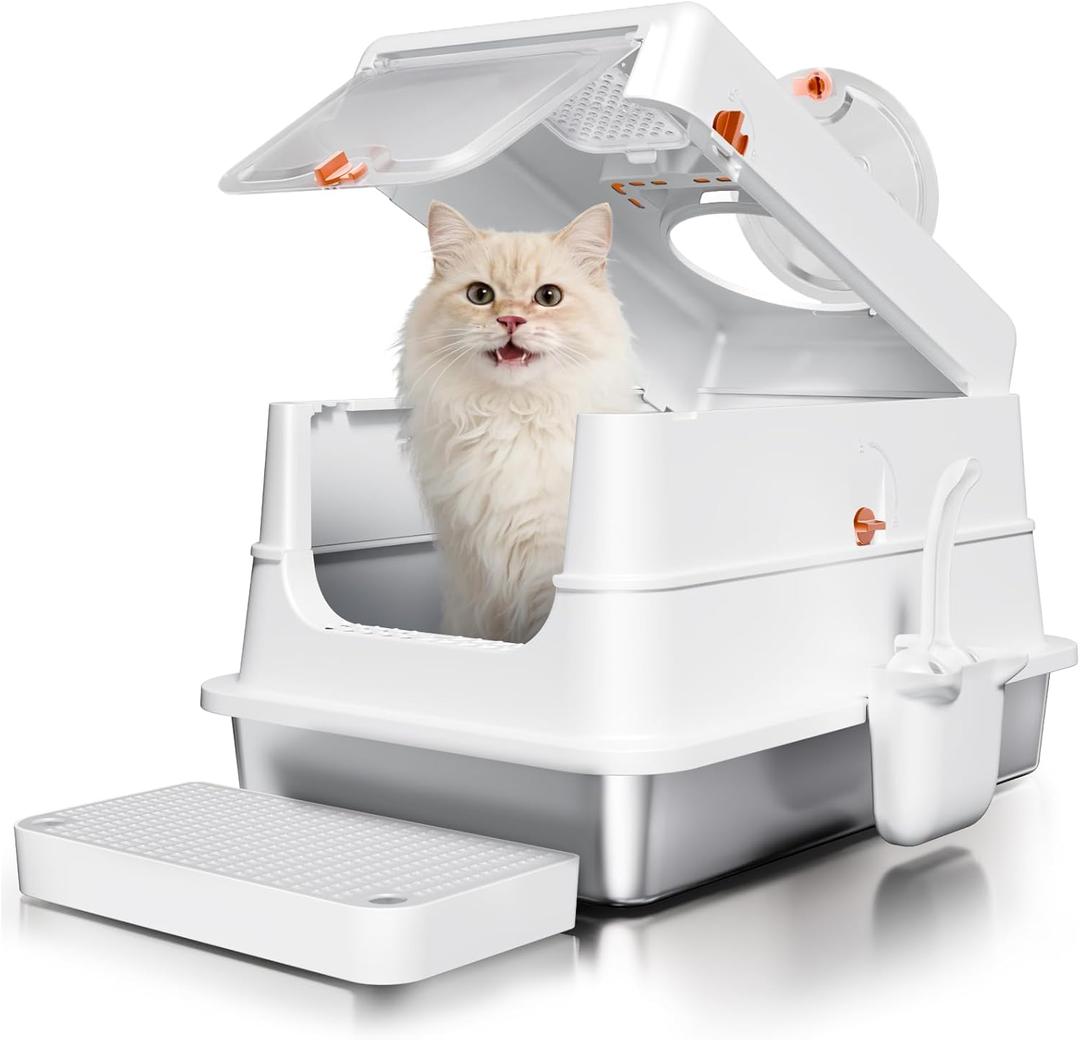 Stainless Steel Cat Litter Box with Lid, Extra Large Enclosed Metal Litter Pan with High Sides, Full Flip Cover Litter Box for Large Cat, Include Scoop & Step, Leak Proof Easy Clean Odor Control,White