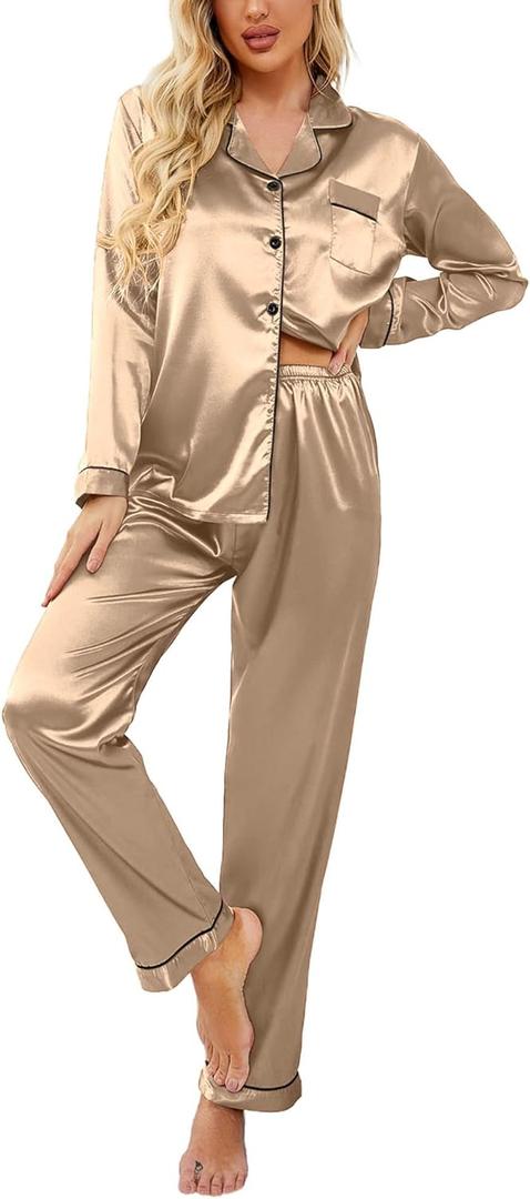 Ekouaer Women's Classic Button Down Long Satin Silk Pajama Set (Small, Khaki)