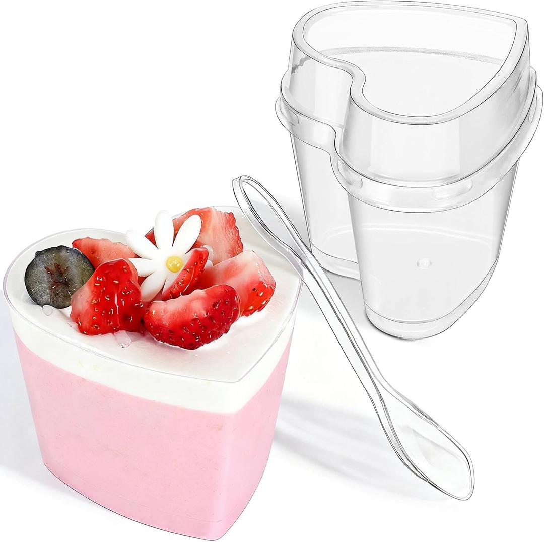 100 Pack Dessert Cups with Lids and Spoons, 5 oz Heart-Shaped Clear Plastic Appetizer Parfait Cups for Mother's Day Gift, Wedding, Bridal Shower