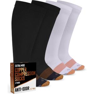 Doctor's Select Copper Plus Size Compression Socks Wide Calf - 2 Pairs | 20-30mmHg Extra Wide Calf Compression Sock Women | Compression Sock for Women Plus Size for Traveling & Running | Compression Socks Men Wide Calf | Black & White (4X- Large)