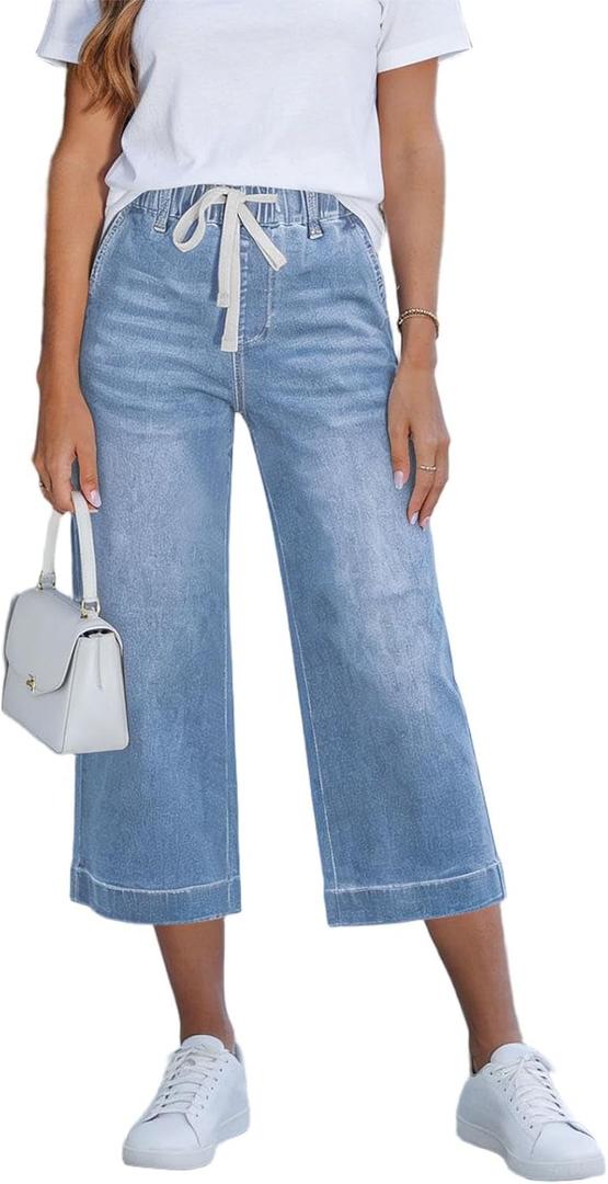 LRMQS Capri Pants for Women Casual Summer Drawstring Elastic Waist Straight Wide Leg Jeans Pant Stretch Pull on Denim Capris (Medium, Light Blue #4)