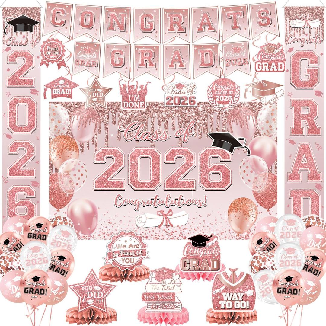 Graduation Decorations Class of 2026, Pink Rose Gold Graduation Decorations Set, Congrats Grad Banner & Backdrop, Porch Sign, Hanging Swirls, Balloons, Honeycomb Centerpieces for High School & College Celebrations