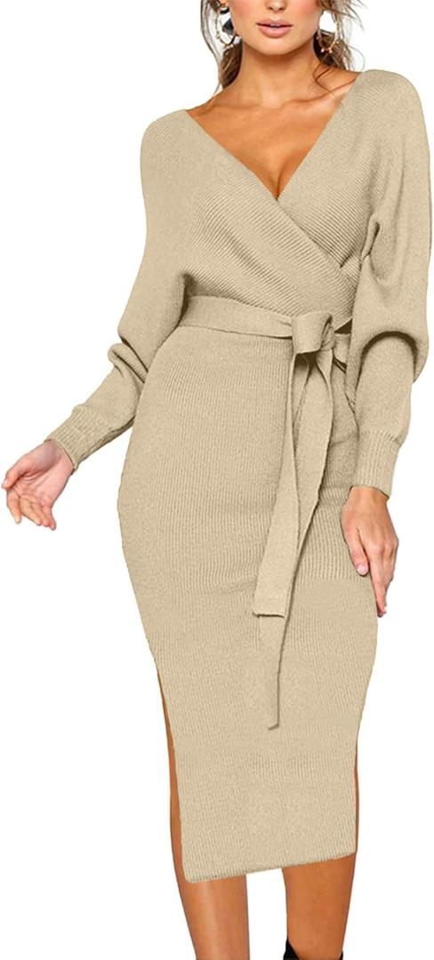 CHERFLY Women's V Neck Sweater Dresses Batwing Long Sleeve Backless Bodycon Long Dress with Belt (Large, Deep Apricot)
