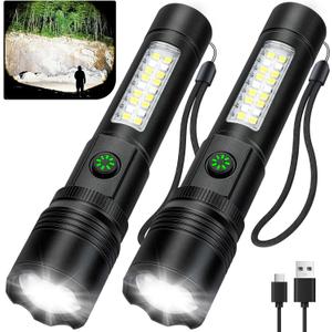 Flashlight Rechargeable Flashlights High Lumens, 99,000 LM Bright LED Flashlight Powered Flash Light, USB Rechargeable Flashlights & Waterproof Handheld Flash lights for Home Camping Hiking(2 Pack)