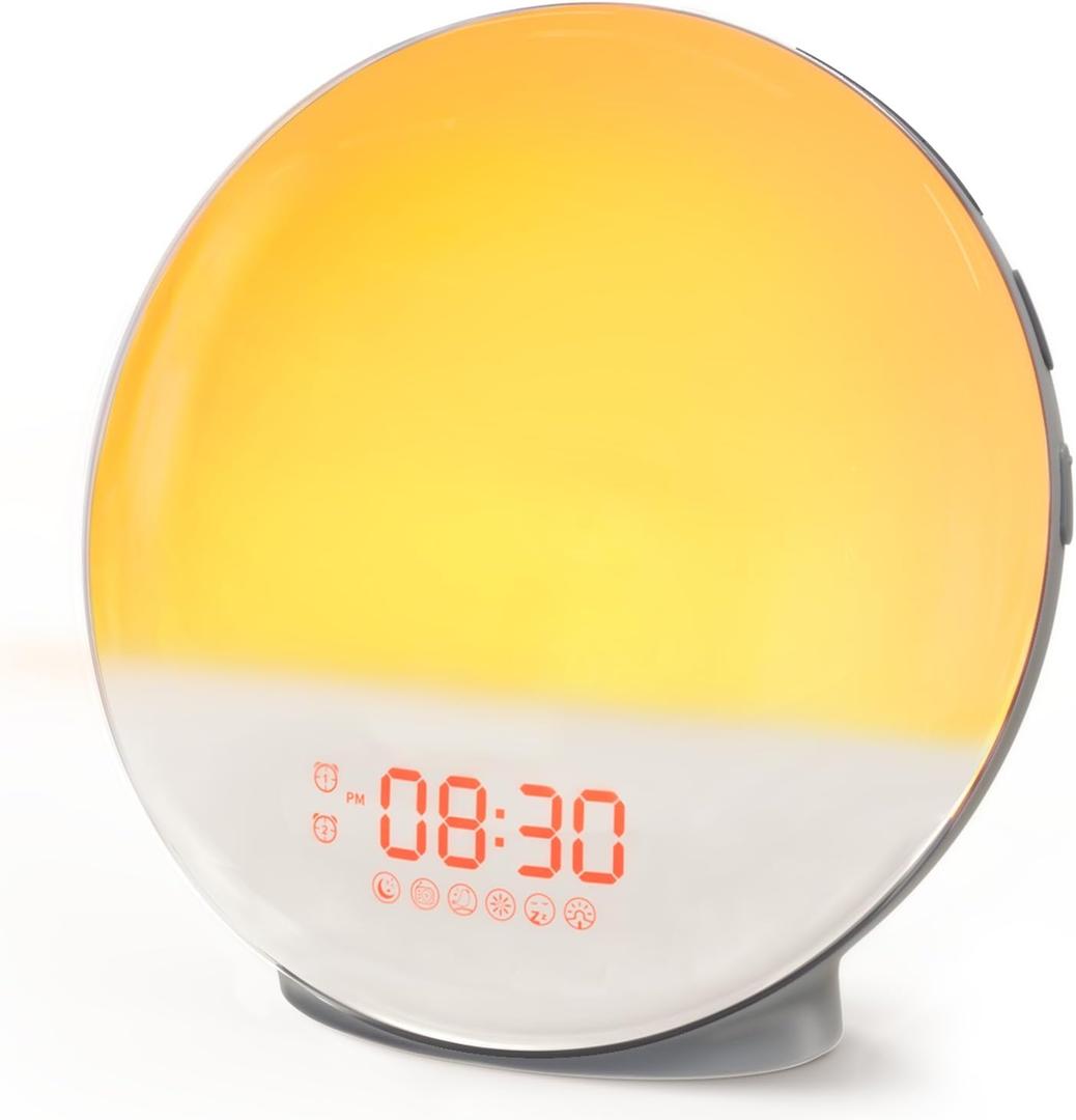 Dekala Grey Sunrise Alarm Clock for Heavy Sleepers, Wake Up Light with Sunrise/Sunset Simulation, Dual Alarms, FM Radio, 7 Colors Night Light, Ideal Gift