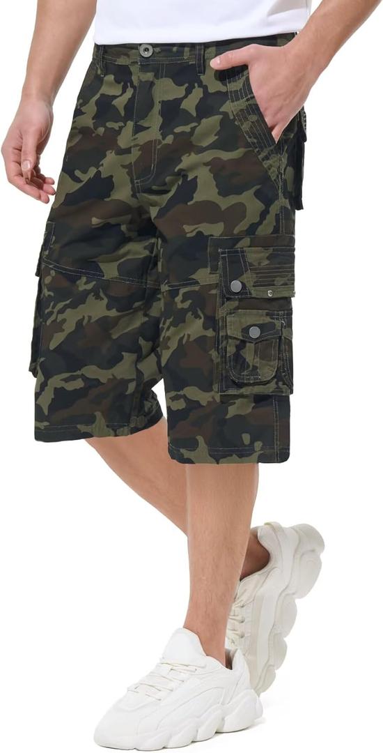 BEST SOUTH Men's Capri Long Twill Cargo Shorts Below Knee 13 Inches Cotton Relaxed Fit Casual Multi-Pocket (38, Army Green Camo)