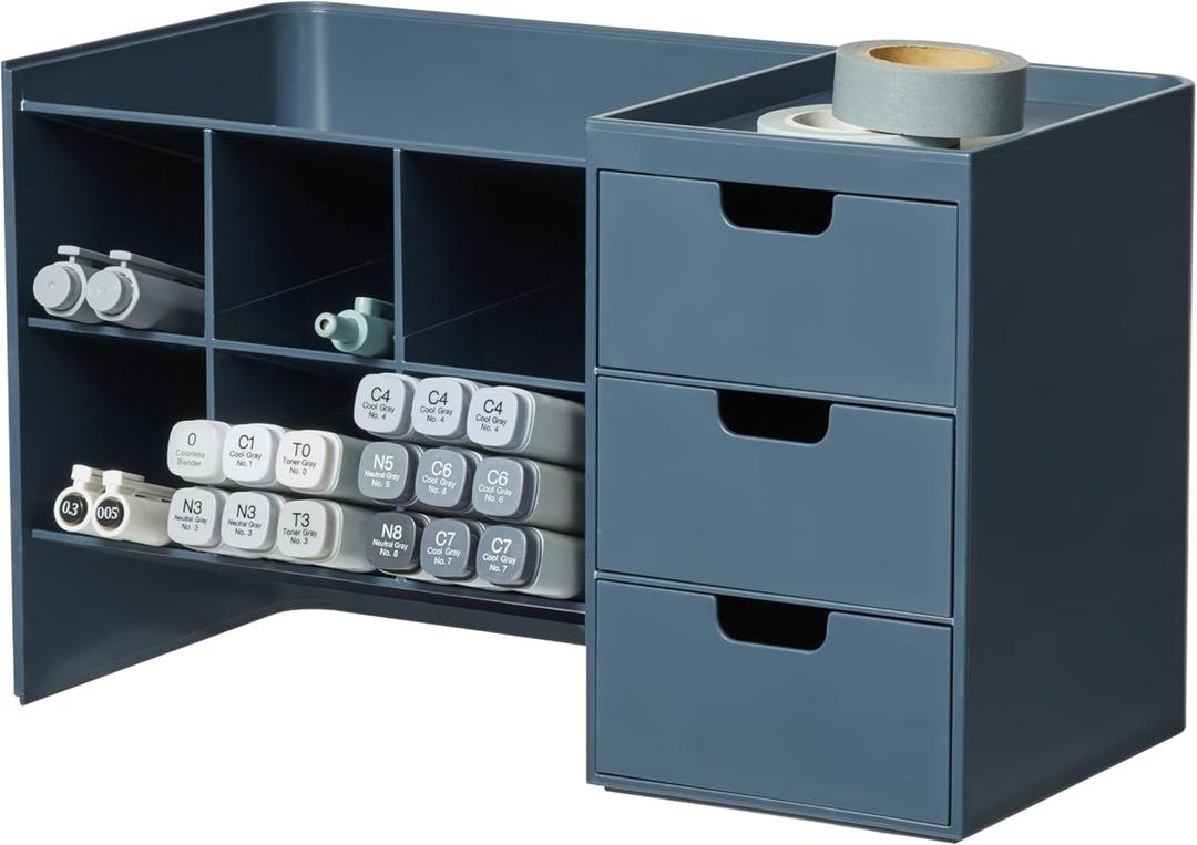 BLUE GINKGO Hive Stack Desk Organizer  Stackable Pen Holder, Stationary Organizer with Drawers - Office Storage, School Supplies, Makeup (Made in Korea, Blue)