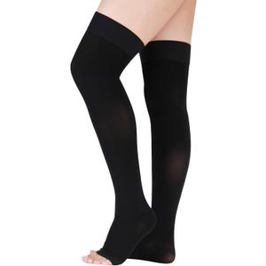 Lin Performance 15-20 mmHg Medical Compression Stockings for Women & Men, Thigh High Dot-Top Open Toe, Leg Support for Daily & Travel Comfort (Black,XXL)