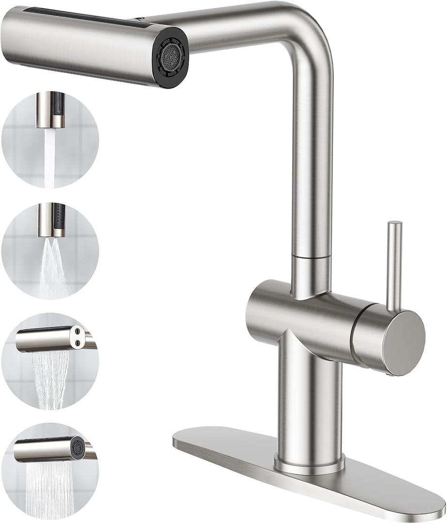 CREA Bar Sink Faucet,Chrome Bathroom Facuets 1 3 Holes, Single Handle Bathroom Faucets with Deck Plate,360Swivel Stainless Steel Small Kitchen Faucet for Mini Pre Sink RV Vanity Faucet (Brushed)