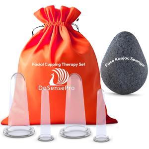 Anti-Aging Facial Cupping Set for Face and Neck - Includes Bonus Japanese Konjac Sponge for Enhanced Skin Care. (2M 2S)