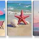 3 Pcs Hawaii Beach Wall Art Decor, Summer Seaside Shells Canvas Painting Posters Prints, Coconut Tree Pictures for Living Room Bedroom Home Decoration 16 * 24 IN(Stretched Canvas on A Wooden Frame)