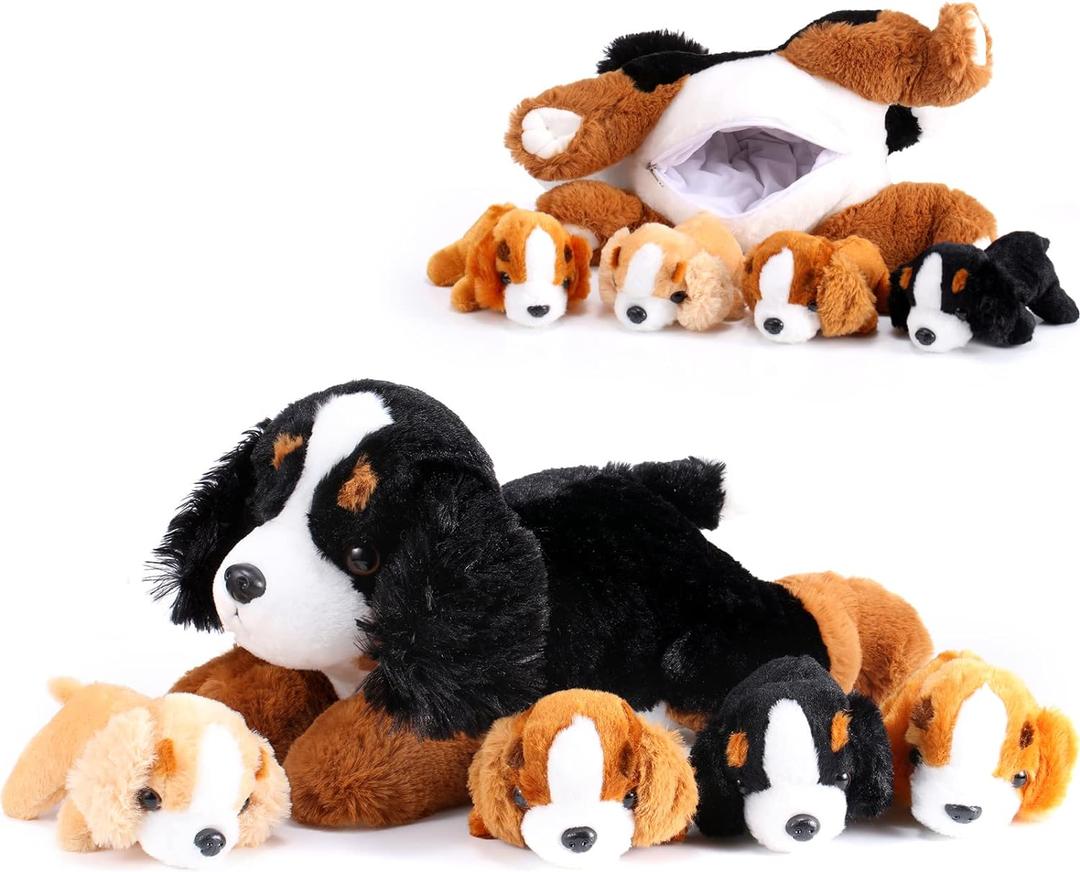 Skylety 5 Pcs Dog Stuffed Animal Puppy Stuffed Animal with Babies Inside 1 Big Mommy with 4 Mini Baby Cute Soft Puppies for Children Birthday Party Adopt a Dog Party Favors (Mountain Dog)