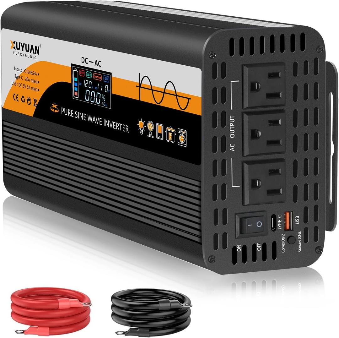 1500W Pure Sine Wave Inverter, 12V/24V Auto-Detect, 50Hz/60Hz Switchable, LCD Display, Type-C Fast Charging, Silent Design, Overload & Overheat Protection for RV, Home