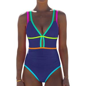 Popvil Women One Piece Swimsuit 2026 Tummy Control Sexy Cutout Neon Color Block Bathing Suit Slimming Adjustable Swimwear, Size XL (Dark Blue)