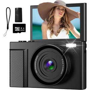 4K Digital Camera,64MP Cameras for Photography with 16X Digital Zoom, AutoFocus Vlogging Camera for YouTube, 3" 180°Flip Screen Compact Travel Camera, AntiShake 4K Video Cameras