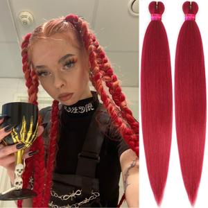 Rose Red Color Pre Stretched Braiding Hair Long Braid 30 Inch 2 Packs Braiding Hair Extensions Professional Synthetic Fiber Crochet Twist Braids