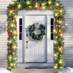 Ceenna Extra Long 15ft Christmas Garland with 100 LED Lights Artificial Pine Prelit Lighted Christmas Outdoor Indoor Decorations Xmas Holiday Stairs Railing Mantle Door Decor(Berry Bow Garland)