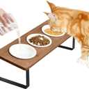 Sunhoo Raised Cat Food Water Bowl Elevated Tilted Kitty Dishes Set of 3 Ceramic Dish for Indoor Cats Orthopedic Pet Food Stand Reduces Vomiting 3 Bowl Cat Feeder Easy Assembly (Brown)