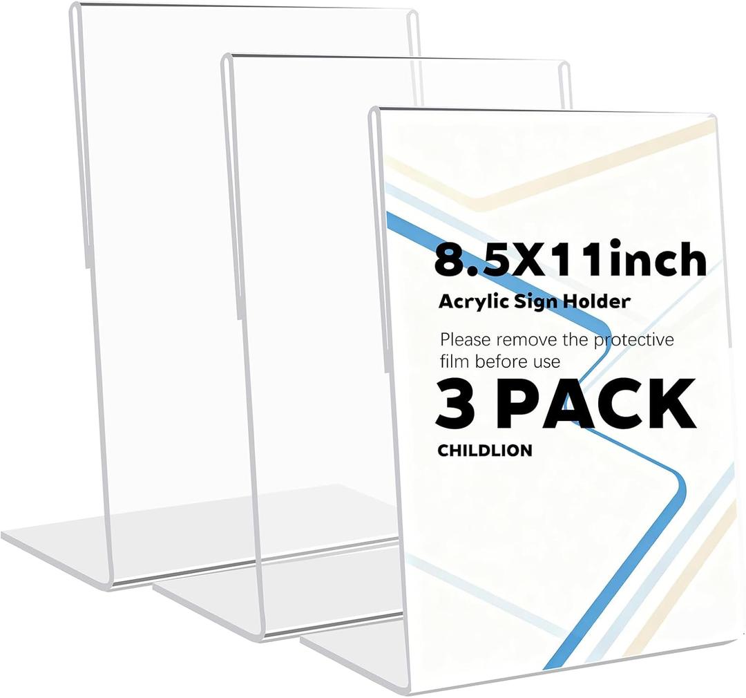 CHILDLION 3 Pack Acrylic Sign Holder 8.5x11 Inches, L-Shape Acrylic Stands for Flyers, Clear Display Holder, Documents, Office, Restaurants, Vertical Sign Holder (3 Pack 8.5*11)
