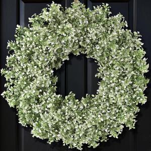 32" Artificial Boxwood Wreath for Front Door - Large Faux Aglaia Odorata Wreath, Fake Eucalyptus Leaves Plants for Wall Window Farmhouse Outdoor Decor - Spring, Summer, All Seasons (White-Green)