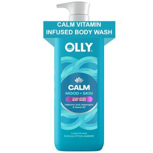 OLLY Calm Body Wash with Hyaluronic Acid, Adaptogens & Vitamin B3 Nourishing Cleanser for Skin Barrier Repair, Deep Hydration, Eucalyptus Amber Scent, 17oz
