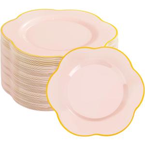 Liacere 100PCS Pink Plastic Plates - Plastic Dinner Plates - Floral Disposable 10inch Heavy Duty Pink and Gold Dinner Plates, Perfect for Wedding & Party & Mothers Day