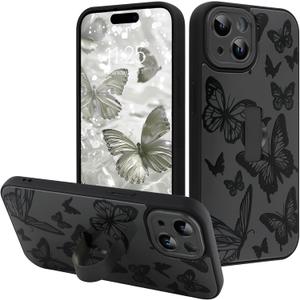 for iPhone 15 Case with Finger Strap Holder, Cute Cool Butterfly Print Pattern Design for Women Men, Shockproof Anti Scratch Hand Kickstand Protective Cover, Gray